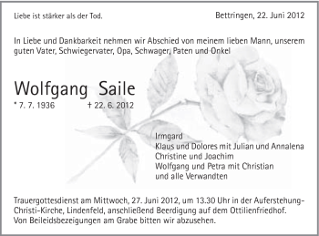 Traueranzeige von Wolfgang Saile von Gmünder Tagespost