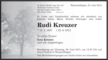 Traueranzeige von Rudi Kreuzer von Schwäbische Post