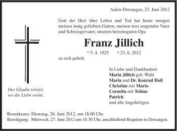 Traueranzeige von Franz Jillich von Schwäbische Post