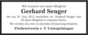 Traueranzeige von Gerhard Senger von Gmünder Tagespost