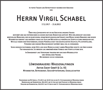Traueranzeige von Virgil Schabel von Schwäbische Post