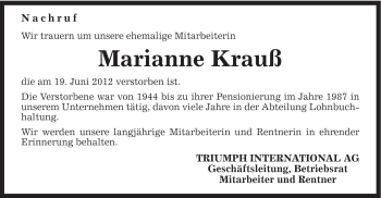 Traueranzeige von Marianne Krauß von Gmünder Tagespost