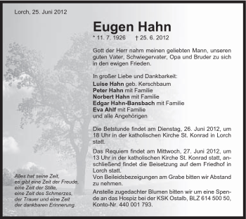 Traueranzeige von Eugen Hahn von Gmünder Tagespost