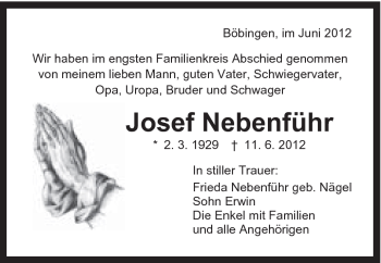 Traueranzeige von Josef Nebenführ von Gmünder Tagespost