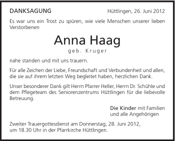 Traueranzeige von Anna Haag von Schwäbische Post