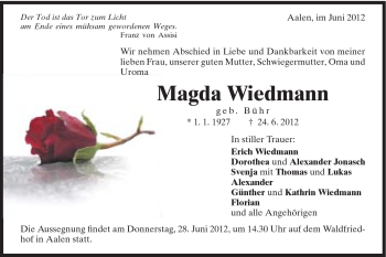 Traueranzeige von Magda Wiedmann von Schwäbische Post
