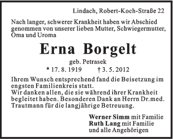 Traueranzeige von Erna Borgelt von Gmünder Tagespost