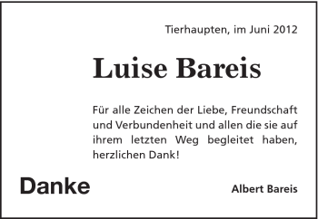 Traueranzeige von Luise Bareis von Gmünder Tagespost