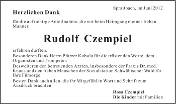 Traueranzeige von Rudolf Czempiel von Gmünder Tagespost