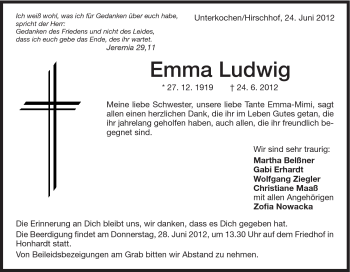 Traueranzeige von Emma Ludwig von Schwäbische Post