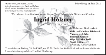 Traueranzeige von Ingrid Holzner von Schwäbische Post