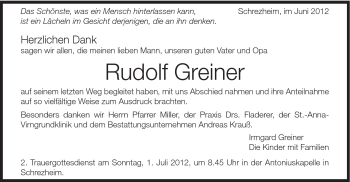 Traueranzeige von Rudolf Greiner von Schwäbische Post