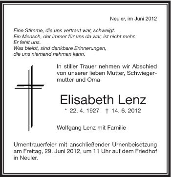 Traueranzeige von Elisabeth Lenz von Schwäbische Post