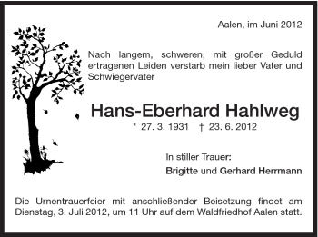 Traueranzeige von Hans-Eberhard Hahlweg von Schwäbische Post