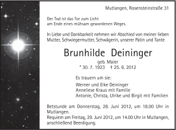 Traueranzeige von Brunhilde Deininger von Gmünder Tagespost