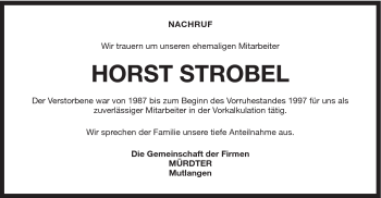 Traueranzeige von Horst Strobel von Gmünder Tagespost