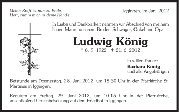Traueranzeige von Ludwig König von Gmünder Tagespost