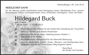 Traueranzeige von Hildegard Buck von Schwäbische Post
