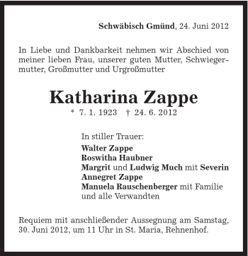 Traueranzeige von Katharina Zappe von Gmünder Tagespost
