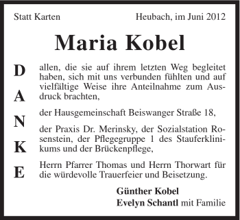 Traueranzeige von Maria Kobel von Gmünder Tagespost