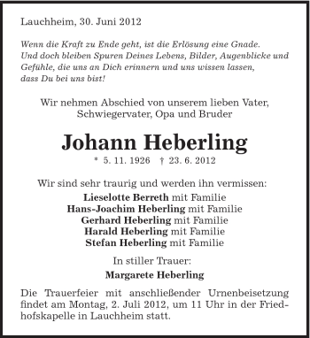 Traueranzeige von Johann Heberling von Schwäbische Post