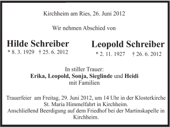 Traueranzeige von Hilde u. Leopold Schreiber von Schwäbische Post