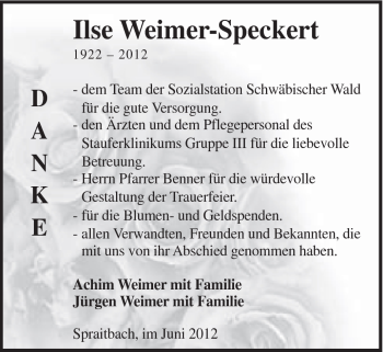 Traueranzeige von Ilse Weimer-Speckert von Gmünder Tagespost