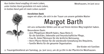 Traueranzeige von Margot Barth von Schwäbische Post