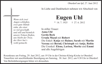 Traueranzeige von Eugen Uhl von Schwäbische Post