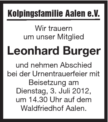 Traueranzeige von Leonhard Burger von Schwäbische Post