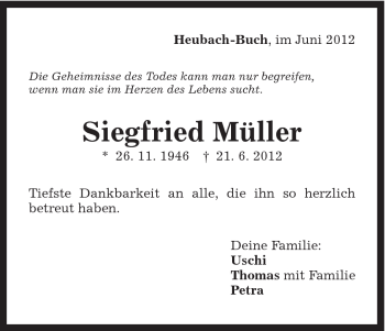 Traueranzeige von Siegfried Müller von Gmünder Tagespost