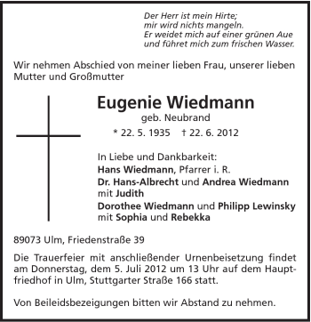 Traueranzeige von Eugenie Wiedmann von Gmünder Tagespost