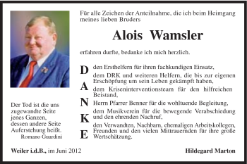 Traueranzeige von Wamsler Alois von Gmünder Tagespost