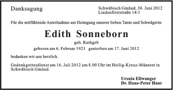 Traueranzeige von Edith Sonneborn von Gmünder Tagespost