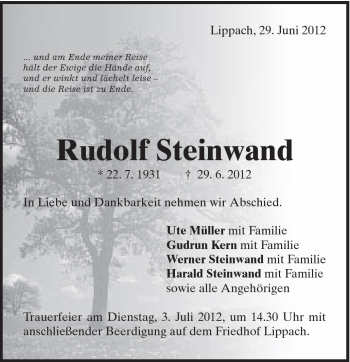 Traueranzeige von Rudolf Steinwand von Schwäbische Post