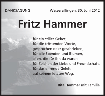 Traueranzeige von Fritz Hammer von Schwäbische Post