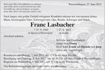 Traueranzeige von Franc Lasbacher von Schwäbische Post