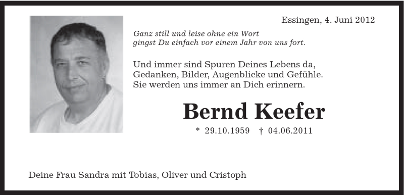  Traueranzeige für Bernd Keefer vom 04.06.2012 aus Schwäbische Post