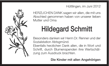 Traueranzeige von Hildegard Schmitt von Schwäbische Post