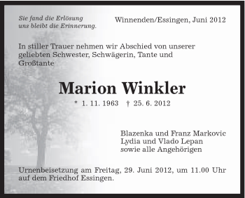 Traueranzeige von Marion Winkler von Schwäbische Post