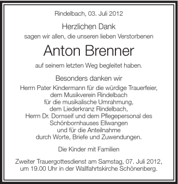 Traueranzeige von Anton Brenner von Schwäbische Post