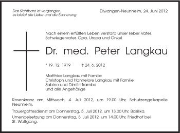 Traueranzeige von Peter Dr. Langkau von Schwäbische Post