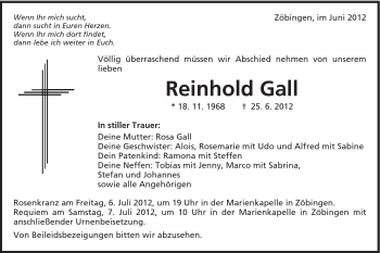 Traueranzeige von Reinhold Gall von Schwäbische Post