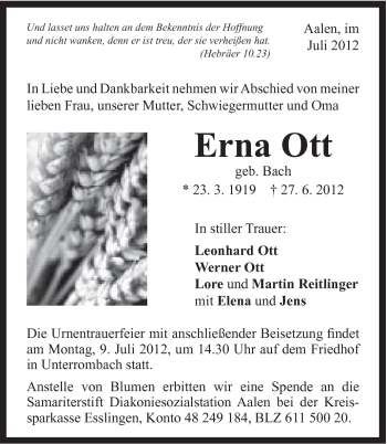 Traueranzeige von Erna Ott von Schwäbische Post