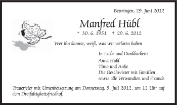 Traueranzeige von Manfred Hübl von Gmünder Tagespost