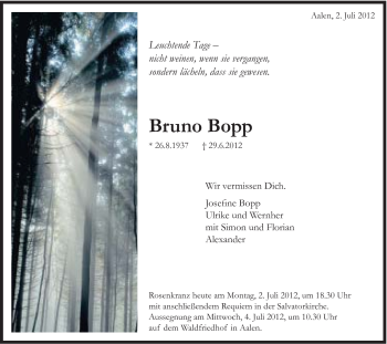 Traueranzeige von Bruno Bopp von Schwäbische Post