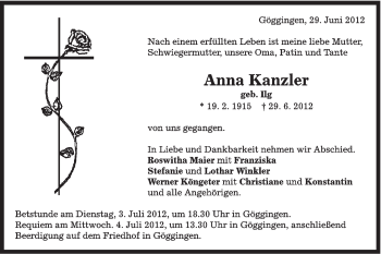 Traueranzeige von Anna Kanzler von Gmünder Tagespost