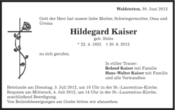 Traueranzeige von Hildegard Kaiser von Gmünder Tagespost