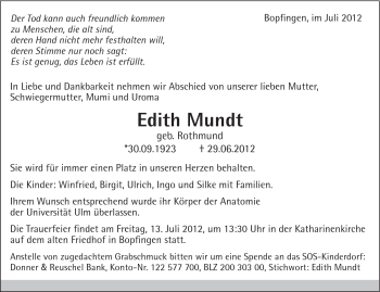 Traueranzeige von Edith Mundt von Schwäbische Post