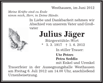 Traueranzeige von Julius Jäger von Schwäbische Post